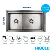 1 and 1/2 Bowl Sink with Lip - Nano Coated PVD Black 1.2mm Stainless Steel 820mm