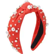 WantGor Pearl Knotted Headband, Women Rhinestone Embellished Hairband Red
