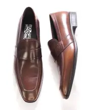 $850 SALVATORE FERRAGAMO - “GOLIATH" Gancini Embossed Loafer Brown Leather - 12