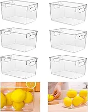 Transparent Pantry Organizer Bins, 6 Pack Fridge Storage Organisers, Storage Box with Handles, Plastic Storage Bins for Cupboard, Kitchen, Pantry, Cabinet - BPA Free Containers 24x13x11.5cm