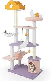 Costway Cute Cat Tree for Indoor Cats, 167cm Multi-Level Tall Cat Tower w/Sisal Covered Scratching Posts, Airplane-Shaped Platform, Plush Perch, Hammock, Dangling Toys, Modern Cat Condo Furniture