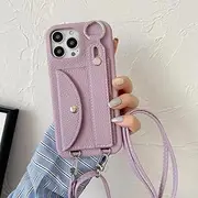 Wrist Strap Crossbody Lanyard Case for iPhone 13 12 Mini 16 15 14 11 Pro XS Max X XR 7 8 Plus Card Holder Wallet Leather Cover,Purple,for iPhone 15Pro Max