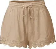 Women's Sexy Lace Shorts Drawstring Elastic High Waisted Summer Causal Loose Wide Leg Lightweight Beach Short