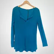 $168 Elie Tahari Scuba Blue Top Soft Long Sleeve Semi-Sheer Tunic Linen Blouse M