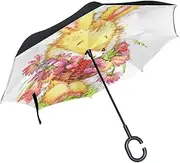 Double Layer Inverted Umbrella Cars Reverse Umbrella Cute Bunny Rabbit Flower Windproof UV Proof Travel Outdoor Umbrella