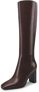 [LUXMUWA] Knee High Boots Women Square Toe Chunky Heel Tall Boots Comfortable Side Zipper Dress Heeled Boots