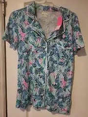 Lilly Pulitzer NWT PJ Button Up Top Barking Up The Palm Tree Size Small blue
