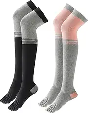 [Dress Cici] Five Toe Thigh High Socks for Women, Non Slip Grip Sock for Yoga and Pilates (2 Pairs)