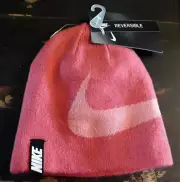 Nike Hat Girls Sz 4 Beanie Reversible Solid Pink Striped Snuggle Tight Head Warm