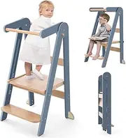 Xisiciao Foldable Toddler Kitchen Tower, Baby Montessori Kitchen Helper with Safety Rail, Kids Wooden Learning Tower Adjustable Learning Step Stool (Grey)