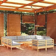 Generic 12 Piece Garden Lounge Set with Grey Cushions Solid Pinewood,3097264