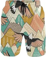[GuoChe] Men's Swim Trunks Ethnic Mountains Hawk Orange Green Quick Dry Swimwear Board Shorts Mens Swim Trunk Pants with Mesh