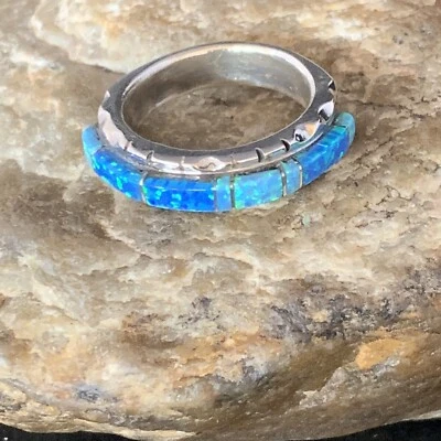 Navajo Sterling Silver Blue Opal Inlay Ring Size 9 13533