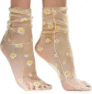 [AVIAN LEGS] Light Yellow Translucent Daisy Socks Women Fashion Sheer Socks - See Through Mesh Socks for Women - Floral Tulle Socks (US sizes 5-8), Yellow, 5-8