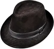 [HAMKVBPR] Men's Leather Hat Men's Leather Fleece Frosted Brown Fedora Gentleman's Cap Jazz Hat Autumn and Winter(Black,60 cm)