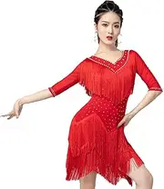 [JRUIA] Women's Latin Dance Dress Layered Tassels Ballroom Dancewear Cha Cha Tango Dancing Outfit Performance Costume for Rumba