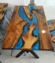 Custom Made Blue Epoxy Resin Dining Table, Kitchen Slab Table, Epoxy Walnut Deco