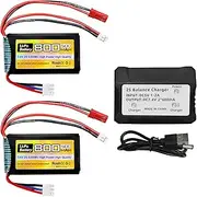 Fytoo 2PCS 7.4V LiPo 2S 50C 800mAh with JST and PH2.0 Plug with 2in1 Charger for SCX24 RC Car Battery, Compatible with Most 1/10, 1/16, 1/18, 1/24 Scale RC Car, Truck and RC Drone Batteries