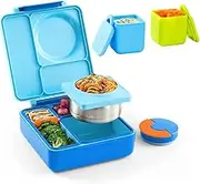 Omie Lunch Box and Dip Containers Bundle Set - OmieBox Insulated Bento with Thermos and 2X OmieDip Leakproof Dip & Sauce Containers (Blue Wave)