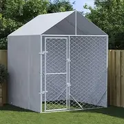 Dog Kennel Outdoor with Roof, Galvanised Steel Dog Fence with Lockable Latch for Large Medium Small Dogs, 200 x 200 x 250 cm Silver