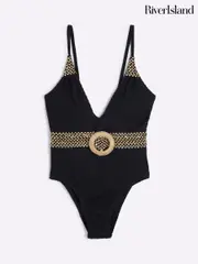 River Island Black Petite Texture Plunge Swimsuit (F53867) | $111