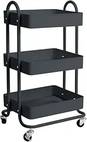 Levede 3 Tiers Kitchen Trolley Cart Steel Storage Rack Shelf Organiser Grey, Metal Utility Cart, 3-Tier Kitchen Trolley with 4 Wheels, Rolling Storage Cart Trolley for Kitchen Storage & Organisation