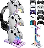 NiHome Iridescent Acrylic Multi-Tier Game Controller & Headset Holder Stand with Customizable LED Lighting, USB-Powered 7 Colors & 3 Modes, Anti-Slip Gaming Desk Organizer & Cable Management (3 Tiers)