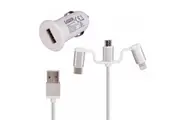 Laser 2.4A USB Car Charger w 3in1 Charging Cable 50cm For iPhone Samsung White