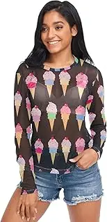 [RPLIFE] Colorful Ice Cream Black Womens Mesh Top, Mesh Shirts for Women Sexy S-XXL