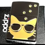 Zippo Oil Lighter Glasses Cat Design Black Gold Etching Regular Case Japan