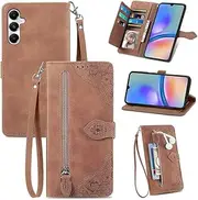 Case for Samsung Galaxy A05S, Flower Embossing PU Leather Flip Magnet Wallet Zipper Pocket Stand Card Slots Lanyard Protective Cover for Samsung Galaxy A05S (Brown)