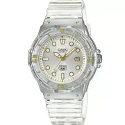 Casio LRW200H-7EVDF Women's White Clear Rubber Band 100m Sports Watch Gold Text