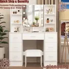 White Vanity Desk Stool Makeup Dressing Table w/ 7 Drawers & LED Lighted Mirror