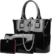 [Wedhapy] Tote Bag Tote Bag Set, Black PU Leather Patent Leather Purse with 2 Small Bag, Large Capacity Shoulder Bag with Zipper for Daily Use, Office, Travel