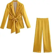[Zadaos] Womens Long Sleeve Bow Lacing Silk Satin Texture Solid Blazer High Waist Elastic Waist Straight Pants Suit