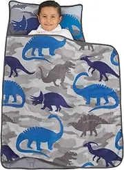 Everything Kids Blue & Grey Dino Toddler Nap Mat with Pillow & Blanket, Navy, Grey, Blue