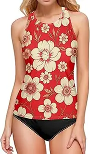 [Joisal] High Neck Swim Top, Vintage Floral Red Women Tankini, Womens Swim Tops with Bra Built in, Small