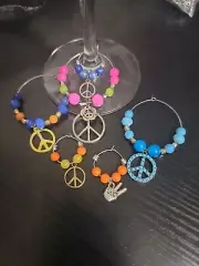 Beautiful Wine Glass Charm Rings Set Of 6 PEACE/HIPPIE