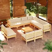 12 Piece Garden Lounge Set with Cream Cushions Solid Pinewood,Cozy Corner Sofa Lounge Set for Outdoor Garden Yard Patio, Pinewood Corner Sofa with Footstool, Cream Cushions Garden Furniture Sets