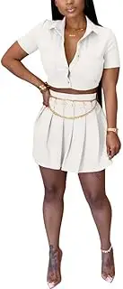 [LUXRUB] Women's Sexy 2 Piece Outfits V Neck Short Sleeve Crop Top and Pleated Mini Solid Color Short Skirt Tennis Sets (Color : White, Size : Large)