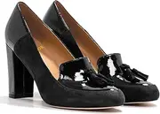 [LEHOOR] Women Chunky Block High Heel Fringed Pumps Round Toe, Slip On Dress Loafers with Tassel Suede Patent Leather Patchwork for Ladies Girls Office 4-13 M US