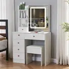 Dressing Table with Dimmable LED Makeup Vanity Desk & Stool Set Sliding Mirror