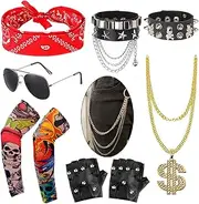 10Pcs Rock Star Fancy Dress Kids Men,Rockstar Costume Accessories for Boys Girls,Tattoo Sleeves Sunglasses Gold Chain Bracelets Gloves Waist Chains Bandana, Disco Punk Popstar Outfit for 80s Dress Up