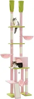 PAWZ Road Cat Tree Floor to Ceiling Tower with Adjustable Height(216-285cm), 7 Tiers Climbing Activity Center Cozy Hammocks, 5 Platforms and Scratching Posts for Indoor Cats,Pink