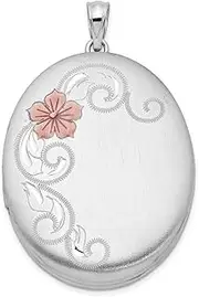 [JewelryWeb] 925 Sterling Silver Satin Patterned Holds 2 photos With Enamel Flowers 34mm Oval Locket