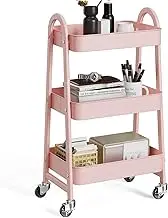 3-Tier Rolling Cart Metal Storage Cart with Handle and Lockable Wheels Sturdy Steel Frame Easy Assembly for Office Kitchen Living Room Bathroom Narrow Places Storage (Pink)
