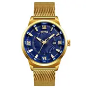 9166 Business Gold Stainless Steel Strap Date Display Waterproof Men Watch Blue