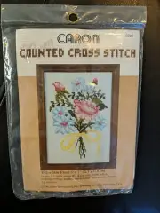Yellow Bow Floral Caron Counted Cross Stitch Kit 6249 5x7 #14 Aida Cloth Sealed
