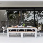 Balmoral 2.5m Teak Top Aluminium Table with 2 Bench Seats and 5 Chairs - Outdoor Dining Settings