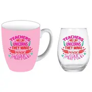 2pc Teachers Are Like Unicorns 400ml Coffee Mug & Stemless Wine Glass Set Pink